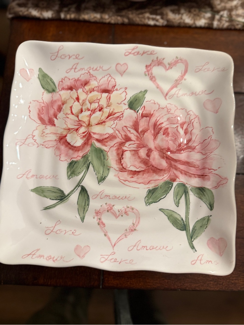 Maxcera Amour dinner plate 11”Pink Floral Square Serving Plate with Peony’s